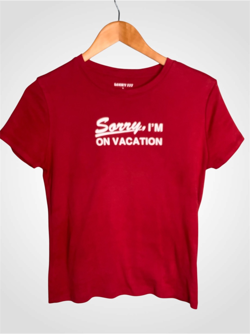 Lucky 777 Red Crewneck Tee with 'Sorry, I'm On Vacation' White Graphic Large